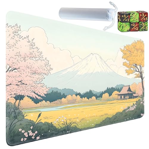 Playmat for MTG, 24x14 Inches, for TCG and CCG Trading Card Game Mat, Non-Slip Rubber for MTG Playmats with Storage Bag and 6 Dice Set, Japanese Landscape of Mount Fuji - color: Yux-playmats-2-1A-182