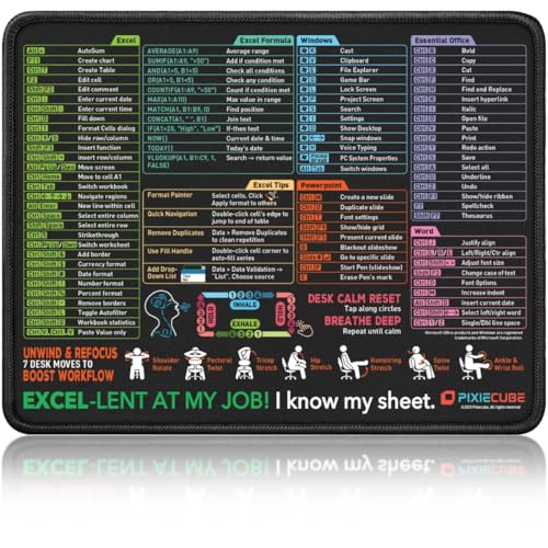Pixiecube Excel Shortcut Mouse Pad with Windows, Word & PowerPoint Shortcuts - Small Excel Cheat Sheet Desk Pad | Non-Slip Stitched Gaming Mousepad | Large Mouse Pads for Desk Computers & Workstations - color: Excel Shortcuts, size: 12.6L x 9.5W inches
