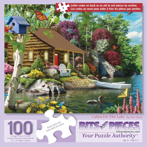 Bits and Pieces – 100 Piece Jigsaw Puzzle for Adults – Cabin on The Lake - Large Lettered Pieces Colorful Scenic Jigsaw Puzzle, Completed Puzzle Size: 15" x 19" - size: 100 Piece Puzzle