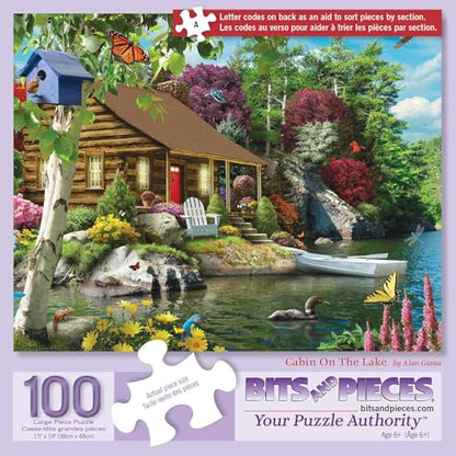 Bits and Pieces – 100 Piece Jigsaw Puzzle for Adults – Cabin on The Lake - Large Lettered Pieces Colorful Scenic Jigsaw Puzzle, Completed Puzzle Size: 15" x 19" - size: 100 Piece Puzzle