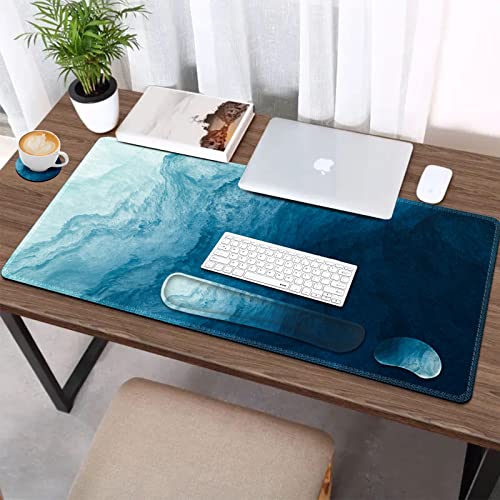 AIMSA Large Gaming Mouse Pad Set, Keyboard Wrist Rest Support + Extended Mouse Pad + Mouse Wrist Cushion + Coaster, Ergonomic Memory Foam Multifunctional Desk Mat 35x15.7inch (Dark Blue Waves) - color: Dark Blue Waves