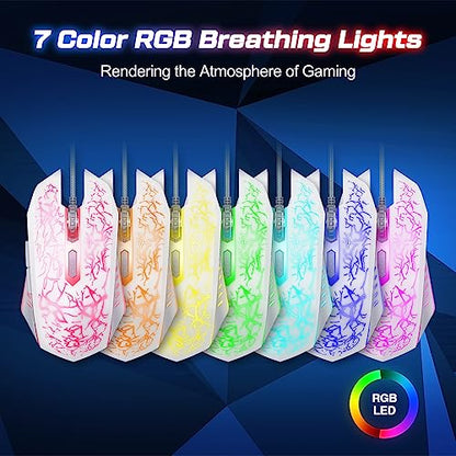 VersionTECH. Wired Gaming Mouse, Computer Mouse Ergonomic Mice with 7 LED Lights RGB Backlit, 6 Programmable Buttons, 4 Adjustable DPI for Laptop PC Gamer Desktop Chromebook Mac Games-White - color: white