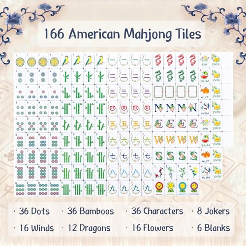 American Mahjong Tile Set, 166 Premium Blue Tiles, 4 All-in-One Color Racks/Pushers, Mahjong Accessories Mahjong Set Complete with Bag (Ma Jong, Mah-Jongg, Majiang)