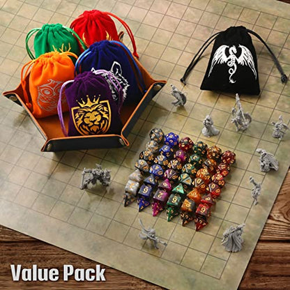 Grajar DND Dice Set, 42 Pcs polyhedral dice Set with 6 Colorful Animal Pattern Dice Bag and PU Leather and Velvet dice Tray for Dungeons and Dragons D&D RPG MTG Table Games Starry Sky - style: Animal-Starry Sky