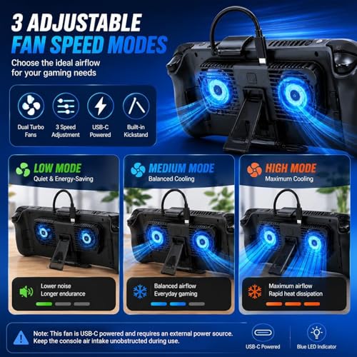 Steam Deck Cooling Fan with Stand, Dual Fan Cooler for Steam Deck, Adjustable Speed USB-Powered Cooler with Blue LED, Portable Cooling Stand for Handheld Gaming