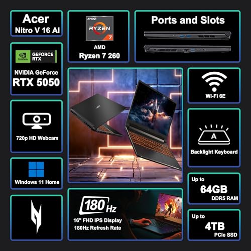 iCarp Customized Laptop Made with Acer Nitro V 16 AI Gaming Laptop 16" WUXGA 180Hz AMD 8-core Ryzen 7 260 16GB/32GB/64GB RAM 512GB/1TB/2TB/4TB SSD GeForce RTX 5050 (Up to 421 AI Tops) Backlit Win11 - style: Ryzen 7 260 + RTX 5050