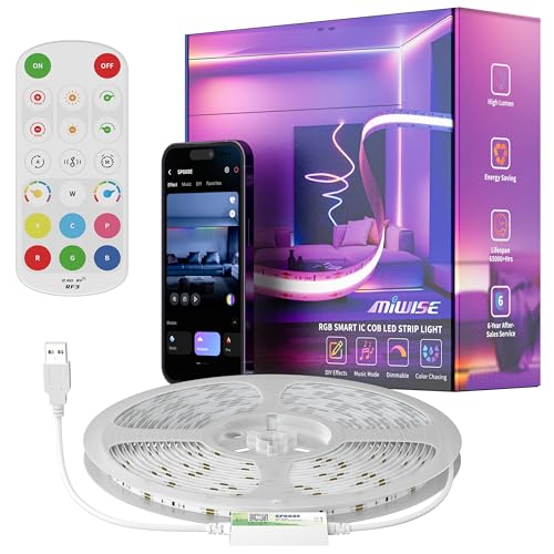 MIWISE 5V USB COB LED Strip Lights,RGB Smart IC LED Strip with App Control,Bluetooth Addressable Music Sync Color Changing Strip Lights,3M Back-Adhesive for Gaming Room PC Home Decor 6.56ft - size: 6.56ft