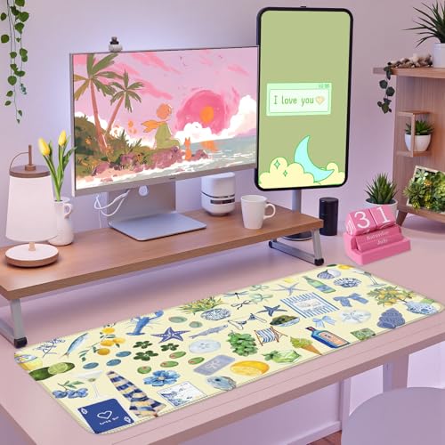 Cute Pastel Coastal Desk Mat with Vibrant Sea Life Beige Large Mouse Pad Cozy Aesthetic XXL Mouse Pad Anti-Slip Big Mousepad with Stitched Edges for Computer Desktop - color: A5- Italian Seaside