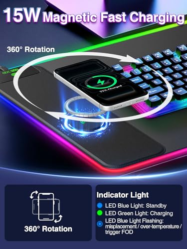 RGB Gaming Mouse Pad with 15W Magnetic Wireless Charging, 31.5'' x 15.8'' | 24 Lighting Effects Desk Mat LED Mousepad with Non-Slip Rubber Base, Light up Your Desk, Waterproof Ultra-Smooth Surface - color: RGB-31.5"x15.8"