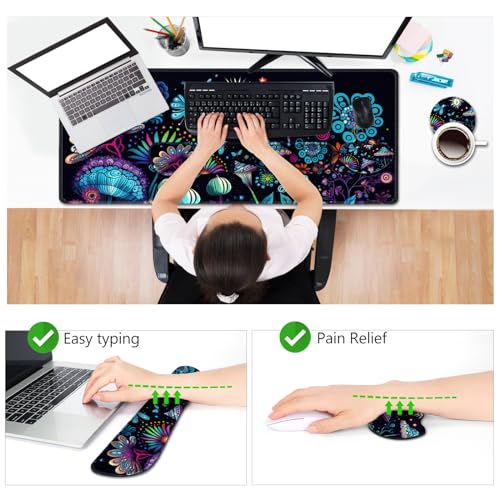 AIMSA Large Gaming Mouse Pad Set, Keyboard Wrist Rest Support+ Extended Mousepad+ Mouse Wrist Cushion+Coaster, Ergonomic Multifunctional Desk Mat 35x15.7in, Colorful Abstract Mushrooms - color: Colorful Abstract Mushrooms