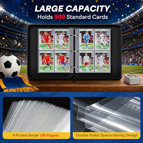 Kabinka 4-Pocket Soccer Card Binder, 2025-2026 Soccer Trading Cards Binder Fits 400 Cards with 50 Removable Double-Sided Sleeves, Waterproof PU Card Albums for Soccer Fans - color: Soccer-2, size: 4 Pocket 400