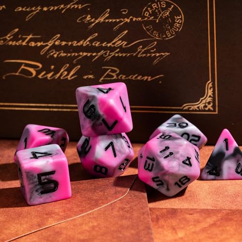 7PCS DND Dice Set RPG Resin Polyhedral Dice Set Camouflage Color with Leather Pouch for D&D Role Playing Games and Other Tabletop Games (Pink) - color: Camo-pink