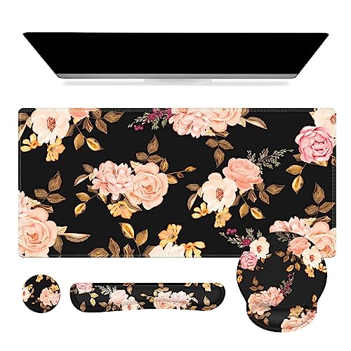 iCasso Floral 4in1 Computer Mat, 35.4"x15.7" Work Mat for Computer | Retro Ergonomic Desk Pad Including Keyboard Wrist Rest, Mousepad Set for Teacher Cubicle Office Computer Setup - color: Penoy