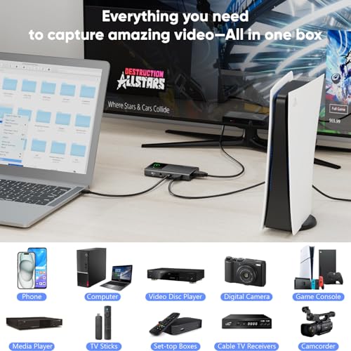 4K60 HDMI Capture Card – Records 1080p 60FPS, Portable Standalone Video Recorder, HDMI or DisplayPort Over USB-C,AUX Earphone Monitoring,Compatible with Phone,Media Player,Computer,TV Sticks