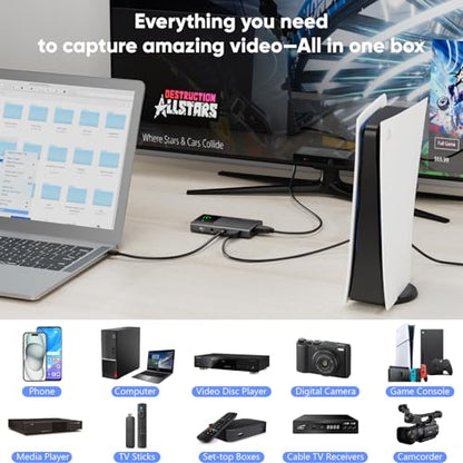 4K60 HDMI Capture Card – Records 1080p 60FPS, Portable Standalone Video Recorder, HDMI or DisplayPort Over USB-C,AUX Earphone Monitoring,Compatible with Phone,Media Player,Computer,TV Sticks