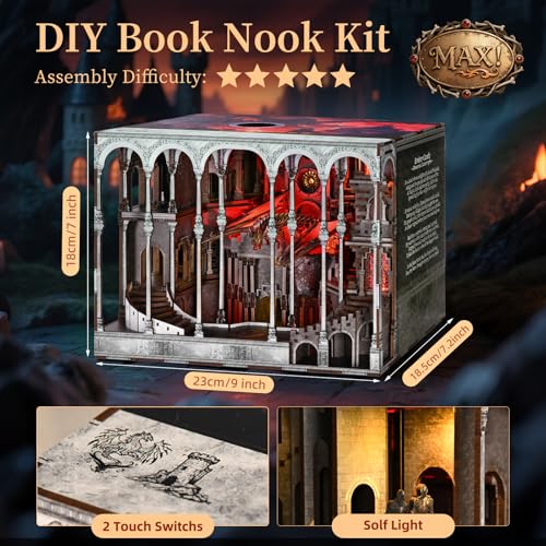 MiniCity Ember Castle Book Nook Kit, DIY 3D Wooden Miniature House with LED | 596-piece wood/paper/plastic kit with LED and dust cover; glue/tools included; 10-12 hr build for shelf decor, ages 14+. - style: Ember Castle
