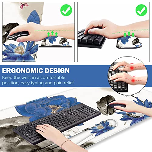 ARTSO Extended Gaming Mouse Pad Set, Keyboard Wrist Rest Support Pad + Wrist Cushion + XXL Large Mouse Pad + Coaster, Stitched Edge, Non-Slip, Memory Foam Desk Mat, Blue Lotus Ink Painting - color: Blue Lotus Ink Painting
