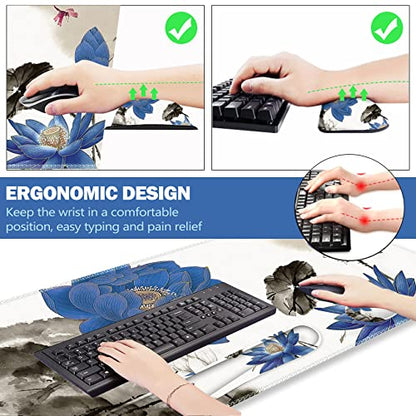 ARTSO Extended Gaming Mouse Pad Set, Keyboard Wrist Rest Support Pad + Wrist Cushion + XXL Large Mouse Pad + Coaster, Stitched Edge, Non-Slip, Memory Foam Desk Mat, Blue Lotus Ink Painting - color: Blue Lotus Ink Painting