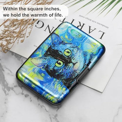 ELFISH Mini RFID Aluminum Wallet Credit Cards Holder Business Card Case Metal ID Case for Men Women(Blue Cat) - color: Blue Cat