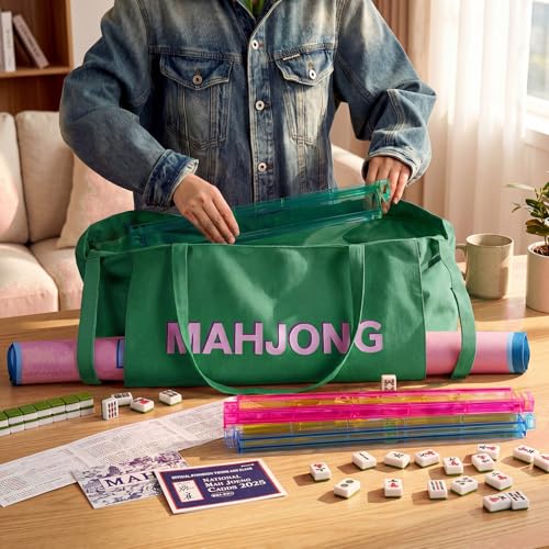 Abbylike 28x9 Inches Mahjong Bag for Rolled Mat Tiles Racks Pushers Accessories Empty Mahjong Tote Bag with Zipper Closure Outer Pockets Lining Large Capacity(Green,Canvas) - color: Green