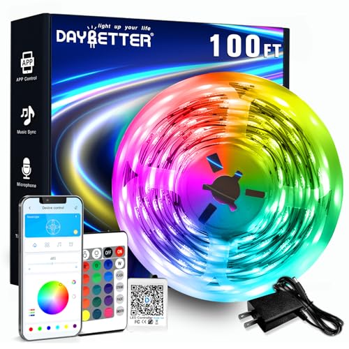 DAYBETTER LED Strip Lights 100ft RGB Lights Strip for Bedroom, Desk, Indoor Room Living Room Brithday Gifts Home Decor with Remote, 24V Power Supply - size: 100FT