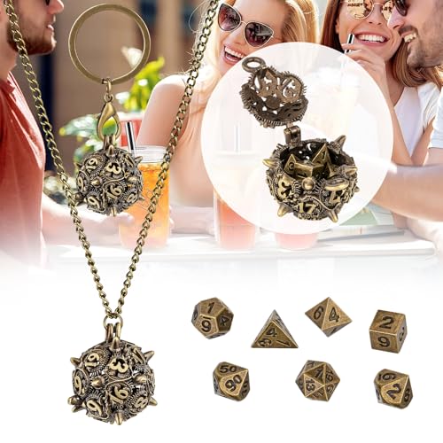 Mini DND Dice Set with D20 Spike Metal Cage Portable Keychain Necklace, Tiny 7pcs Polyhedral D&D Dice Set, DND Gifts with Gift Box, D&D Accessories for RPG, Bronze - color: Bronze