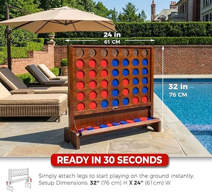 Giant Wooden 4 in A Row Game with Folding Catch Tray, Wall-Mountable or Ground Play, Indoor Outdoor & Backyard Game, Includes Carry Case and Detachable Legs - style: Classic Brown (33" Height)