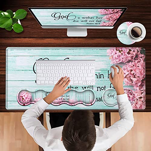 Mouse Pad Set, Large Gaming Mouse Pad + Keyboard Wrist Rest Support + Mouse Wrist Cushion + Coaster, Non-Slip Rubber Base, 31.5 x 11.8 in Extended Desk Mat for Office, Psalm 46-5 Pink Hyacinth - color: JV-mouse pad-8-4