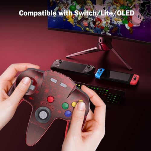 KIWITATA N64 Wireless Controller for Switch Games, 2.4GHZ Rechargeable N64 Remote Joystick Wireless Gamepad Controller Compatible with N64 System, Raspberry Pi, MAC,PC Windows 7,8,10,11 Clear Red - color: Clear red