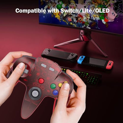 KIWITATA N64 Wireless Controller for Switch Games, 2.4GHZ Rechargeable N64 Remote Joystick Wireless Gamepad Controller Compatible with N64 System, Raspberry Pi, MAC,PC Windows 7,8,10,11 Clear Red - color: Clear red
