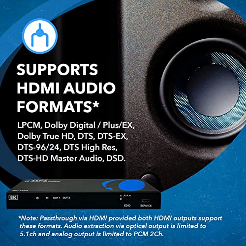 OREI 8K HDMI Splitter 1 X 2, Duplicate with Audio Extractor UltraHD Supports Upto 4K @ 120Hz IR EDID HDCP 2.3 - (BK-102A) (1x2 - Audio Out) | OREI 8K HDMI Splitter 1x2, Duplicate with Audio Extractor (1x2 - Audio Out) - Up to 4K@120Hz, IR, EDID, HDCP 2.3