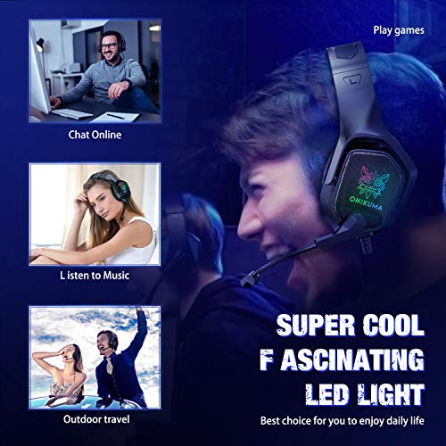 Gaming Headset with Microphone, Noise Canceling Headphones with 3D Surround Sound Stereo, Soft Earmuff & RGB LED Light, Over-Ear Game Headphones for PC, PS4, Xbox One, PS5, Mac, Laptop-Black