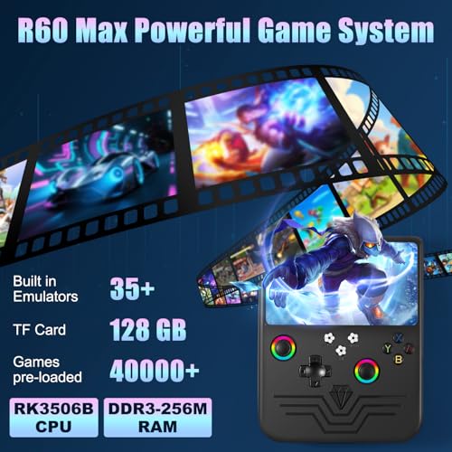 R60 Max Handheld Game Console, 128GB Retro Gaming Console with 40000+ Games, 6-Inch IPS Screen, Linux System, RGB Joysticks, 6000mAh Rechargeable Portable Gaming System (Black Color) - color: Black Color