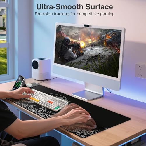 Wireless Charging Mouse Pad with Phone Holder, 31.5"x15.8" in, Black Wave | Large Desk Mat for Laptop/Keyboard, Waterproof Ultra-Smooth Surface, Non-Slip Base - color: Black Wave-Phone Holder-31.5"x15.8"