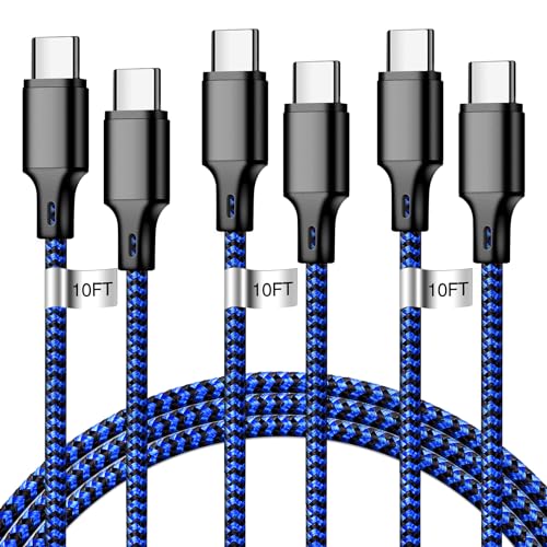 USB C to USB C Charger Cable, 3Pack 10FT Type C Fast Charging Cord Compatible for iPhone 15/16/17/Pro/Max/Plus, iPad Pro Air Ps5 Controller Samsung Galaxy - Black Blue - color: Black Blue, style: 3P C2C 10FT
