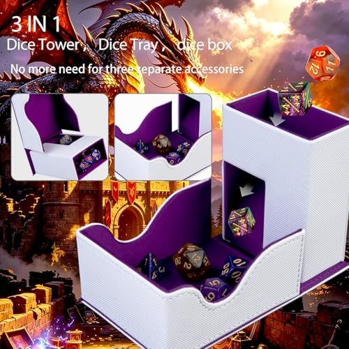 Dice Roller Tower, Premium DND Magnetic Dice Tray, Foldable PU Leather Dice Tower RPG Gifts for Dungeons and Dragons MTG Dm & Player White/Purple（ Deep Dragon） - color: White/Purple