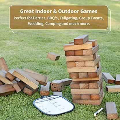 ApudArmis Giant Tumble Tower (Stack from 2Ft to Over 4.2Ft), 54 PCS Pine Wooden Stacking Timber Game with 1 Dice Set - Classic Block Giant Outdoor Game for Teens Adults Family(Brown) | Non-toxic New Zealand Pine Blocks, Crack-resistant, With dice and bag.