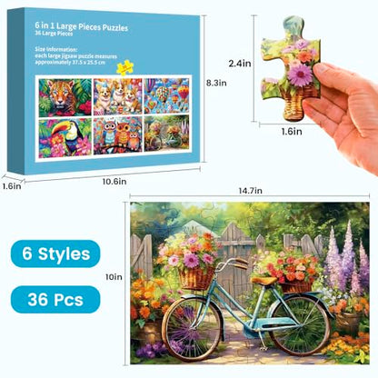 6 Packs 36 Pieces Large Puzzles for Seniors,Dementia Puzzles for Elderly Adults,Jigsaw Puzzles for Adults Seniors with Alzheimer's Dementia with 3 Storage Bags - style: Leopard Toucan Bike