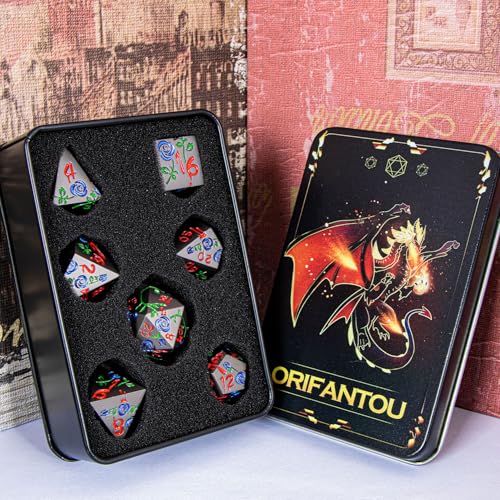 Gothic DND Dice Set Bleeding Rose Metal D and D Dice for use with Dungeons Dragons D&D Role Playing Game, Purple Blue RPG Blood Polyhedral Dice Set D20 D12 D10 D8 D6 D4 - color: Purplish Blue&black&red Numbers