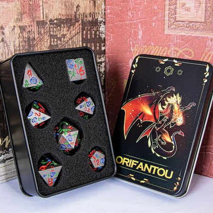 Gothic DND Dice Set Bleeding Rose Metal D and D Dice for use with Dungeons Dragons D&D Role Playing Game, Purple Blue RPG Blood Polyhedral Dice Set D20 D12 D10 D8 D6 D4 - color: Purplish Blue&black&red Numbers