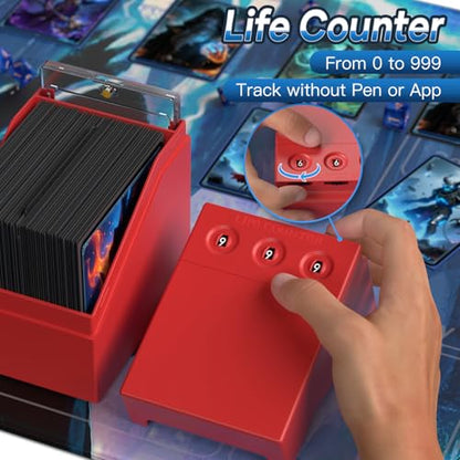Proijeut Mtg Deck Box with Life Counter, Commander Deck Box Fits 100 Double-Sleeved Cards, Magic Card Storage Box with Commander Display & Dice Tray, Fit for MTG, TCG, CCG (Red) - color: Red