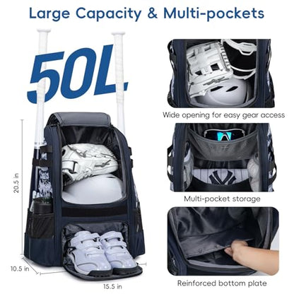 KAVIGOR Baseball Bag for Youth | Softball Backpack 50L Large Capacity with Shoe Compartment and 4 Bat Holders | Nova Flare Series - color: Black