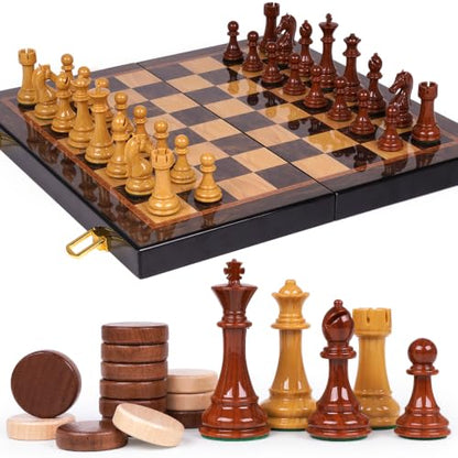 2 in 1 Chess Set and Checkers Board Game, 15 Inch Wooden Folding Chess Board with Acrylic Chess Pieces and Wooden Checkers, Classic Strategy Game Set for Kids and Adults, Travel Chess Set