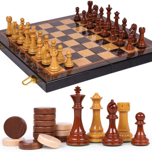 2 in 1 Chess Set and Checkers Board Game, 15 Inch Wooden Folding Chess Board with Acrylic Chess Pieces and Wooden Checkers, Classic Strategy Game Set for Kids and Adults, Travel Chess Set