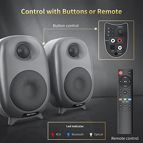 BESTISAN Boookshelf Speaker, 50 Watt Powered Bookshelf Speaker with Bluetooth 5.0 and Wired Optical RCA Input Port, Bass and Treble Adjustable, Deep Bass, 3 Audio Mode Design (Black) - color: Black