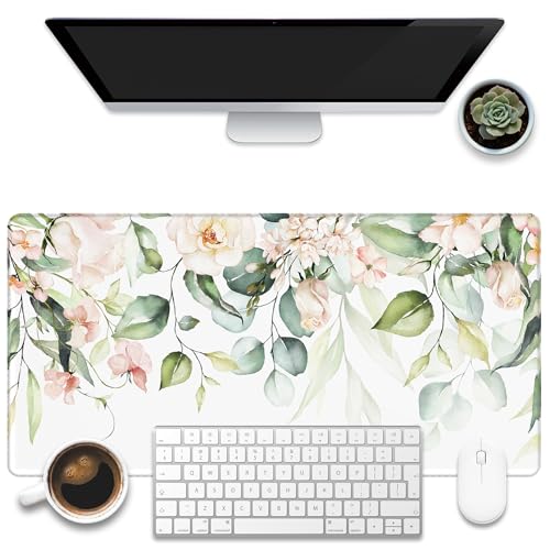 Desk Mat, Watercolor Pink Flowers Desk Pad, Green Leaves Flowers Large Gaming Mouse Pad for Desk, 31.5"x15.7" Extended Big Computer Keyboard Mouse Pad with Non-Slip Base and Stitched Edge - color: Watercolor Pink Flowers