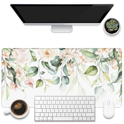 Desk Mat, Watercolor Pink Flowers Desk Pad, Green Leaves Flowers Large Gaming Mouse Pad for Desk, 31.5"x15.7" Extended Big Computer Keyboard Mouse Pad with Non-Slip Base and Stitched Edge - color: Watercolor Pink Flowers
