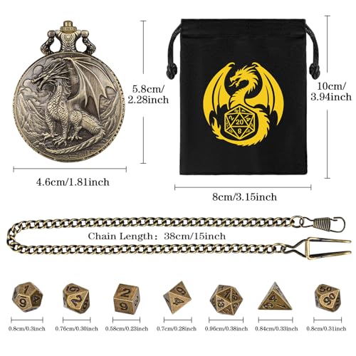 Mini DND Dice Set with Steampunk Dragon Pocket Watch Shell Case, 7pcs Polyhedral Metal DND Dice Set, DND Starter Set, D&D Gifts with Dragon Logo Gift Bag, Role Playing Board Games Accessories, Bronze - color: Bronze