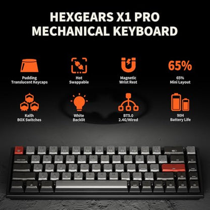 Hexgears X1 Pro Wireless Mechanica Keyboard, Tri-Mode Bluetooth/2.4G/USB-C, Hot-Swappable Tactile Switch Gaming Keyboard, Mini Compact White Backlit Keyboards with Wrist Rest - Dark - color: Dark Knight-X1 Pro, size: Tactile