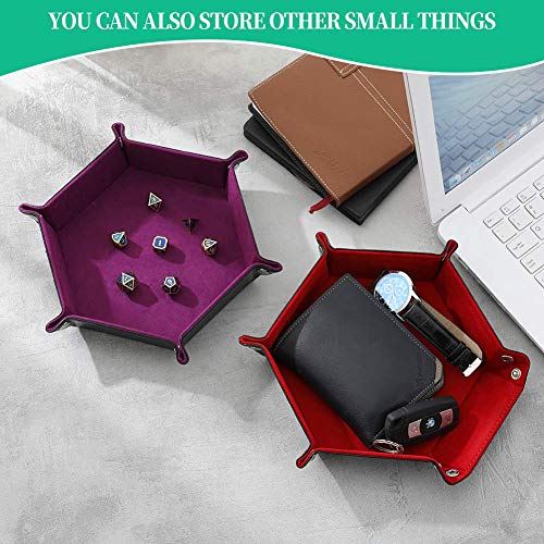 Grajar 2 Pcs Portable Folding Dice Rolling Tray Set for RPG DND Table Games - PU Leather and Velvet Holder Storage Box - Red and Violet - color: Red and Violet